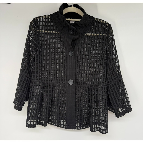 Damee Inc Sheer Blazer Jacket Womens M Black Open Weave Button Up Bell Sleeves - Picture 1 of 6